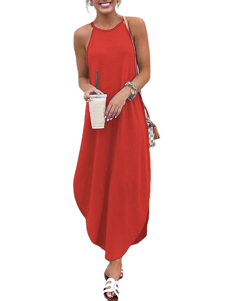 Women Sleeveless Straps High Low Hem Solid Causal Maxi Dress