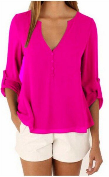 Chiffon Buttons V-Neck Irregular Hem Adjustable Sleeves Solid Causal Blouse