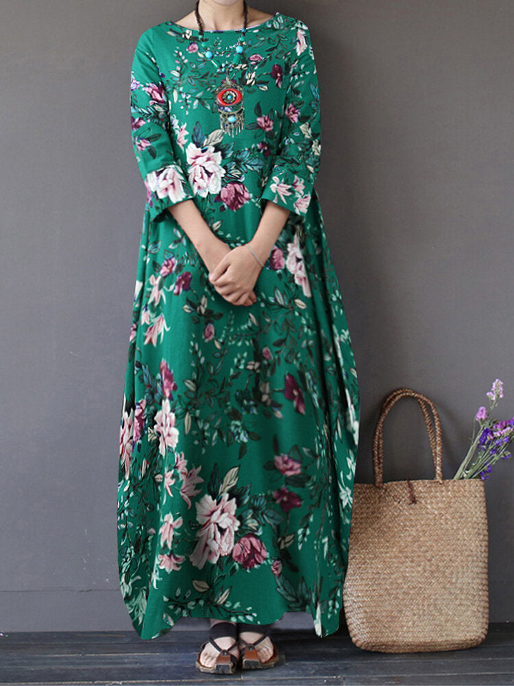 Vintage Floral Print Cotton Loose Maxi Dress with Side Pockets