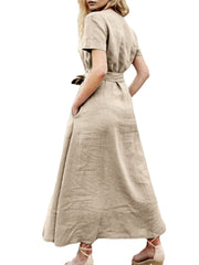 Solid Pocket Sash Short Sleeve Cotton Casual Maxi Dress