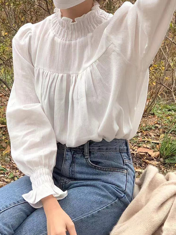 Women Stand Collar Puff Sleeve Pleated Ruffle Trim Long Sleeve Blouse