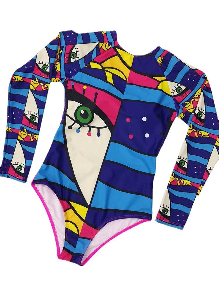 Women Abstract Figure Print Tie Back Long Sleeve One Piece Beach Surfing Swimwear