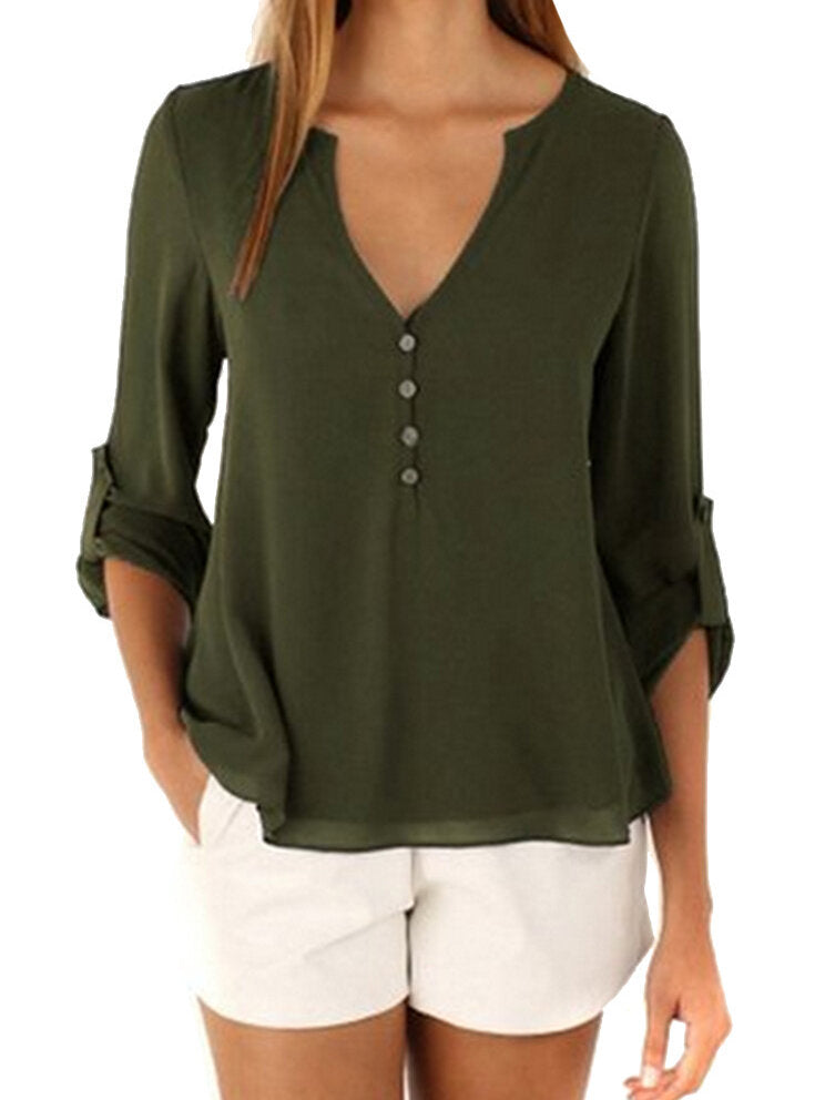 Chiffon Buttons V-Neck Irregular Hem Adjustable Sleeves Solid Causal Blouse