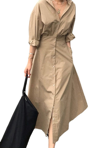 Women Puff Sleeve Pleated Solid Color Lapel Collar Buttons Calf Length Midi Dresses