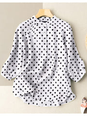 Dot Print Stand Collar Button 3/4 Sleeve Blouse For Women