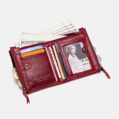 Genuine Leather Multifunction Multi-slot Double Zipper Casual Brief Solid Color Card Holder Wallet