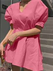 Puff Sleeve Solid Pleating Summer Holiday Dress For Women