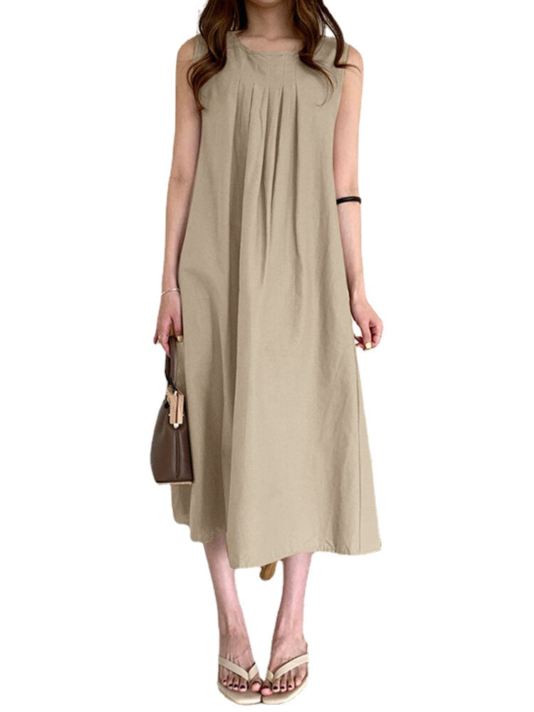 Women Solid O-Neck Sleeveless Bohemian Leisure Dress With Side Pockets