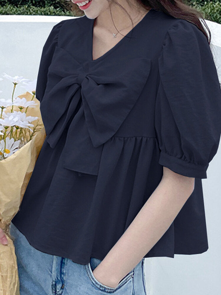 Solid Bowknot Puff Sleeve Casual V Neck Blouse