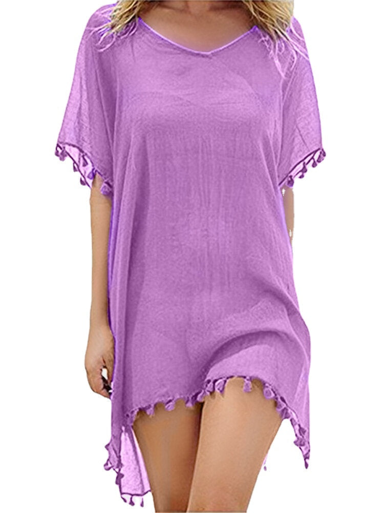 Women Solid Color Translucent Tassel V-Neck Sun Protection Cover Ups