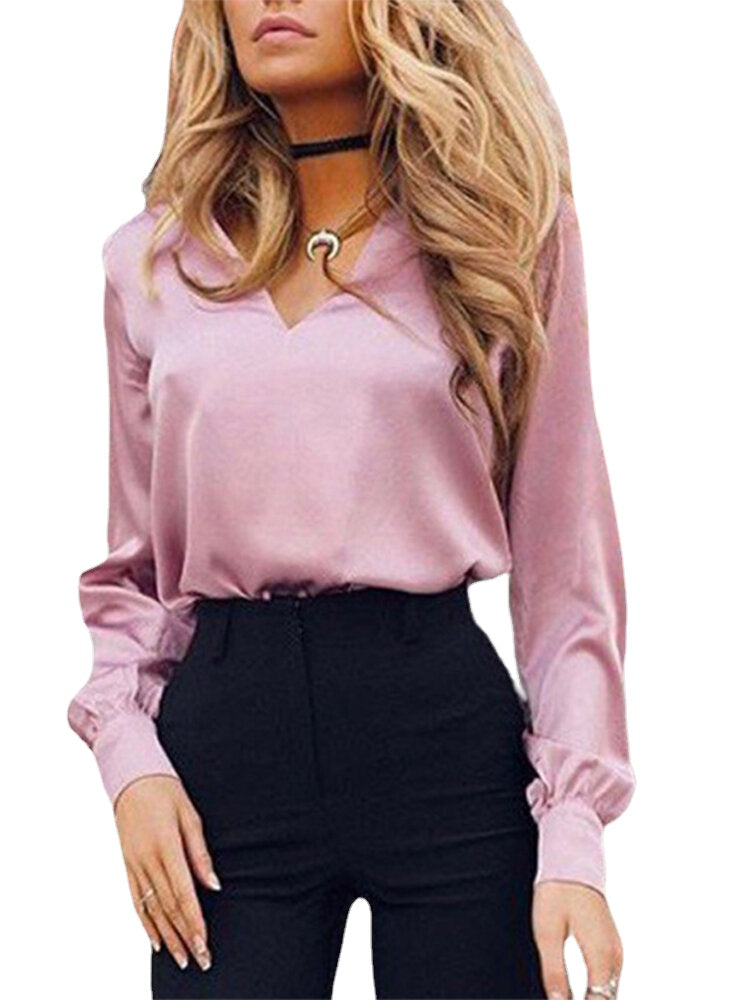 Women Solid Color V Neck Long Sleeve Blouse