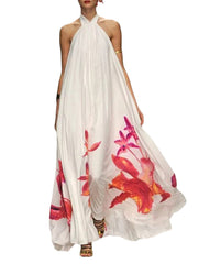 Women Holiday Floral Print Hanging Neck Loose Stylish Halter Maxi Dress