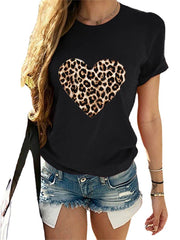 Leopard Print Love Print Round Neck Causal T-shirts For Women