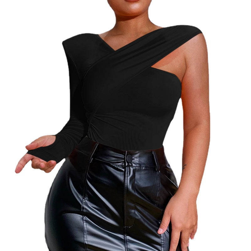 Asymmetric T-shirt Long Sleeve Slim-Fit Padded Shoulder Splice Top