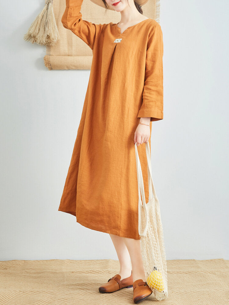 Women Pure Color Cotton Linen V-Neck Long Sleeve Dress with Pockets