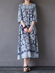 Women Loose Retro Printing 3/4 Sleeve Maxi Dress