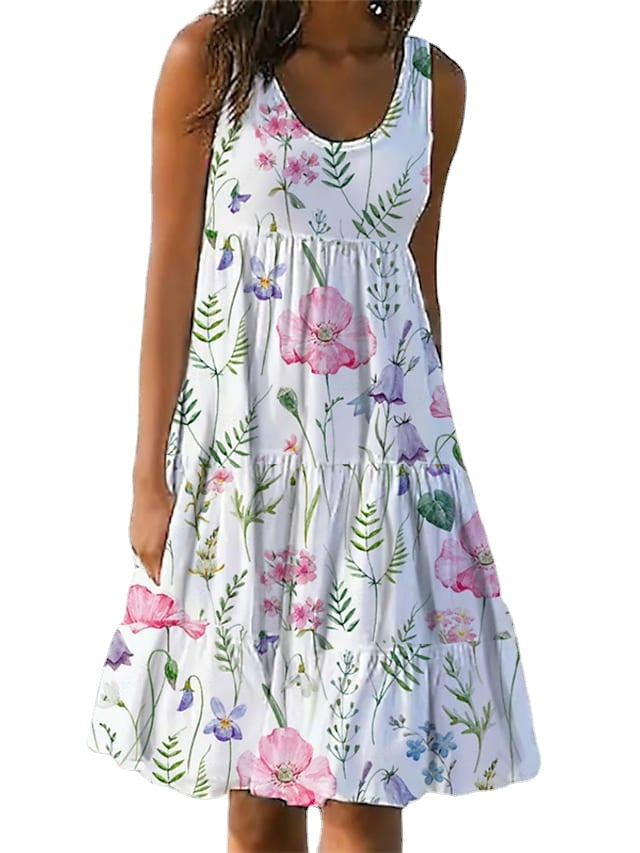 Women's Sleeveless Solid Color Ruched Round Neck Casual Beach Vacation Dress