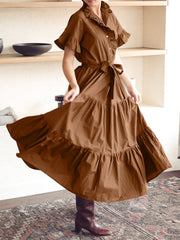 Casual Solid Color Lapel Collar Button Belted Pleated Ruffles Maxi Dress