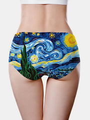 Seamless Women Oil Painting Starry Sky Print Mid Waisted Breathable Panties