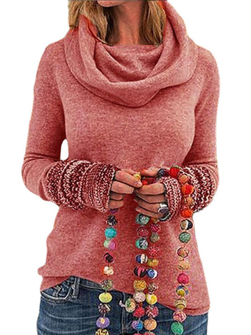 Women Solid Color Heap Collar Long Sleeve Casual Sweatshirt With Cuff Detail