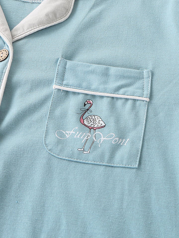 Women Cotton Flamingo Pattern Solid Long Sleeve Button Two-Piece Plus Size Home Pajamas Sets