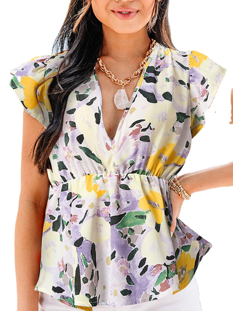 Plant Print V Neck Casual Ruffle Short Sleeve Blouse