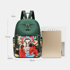 Women Cartoon Peking Opera Characters Printed Backpack Large Capacity Multi-pocket Shoulder Bag