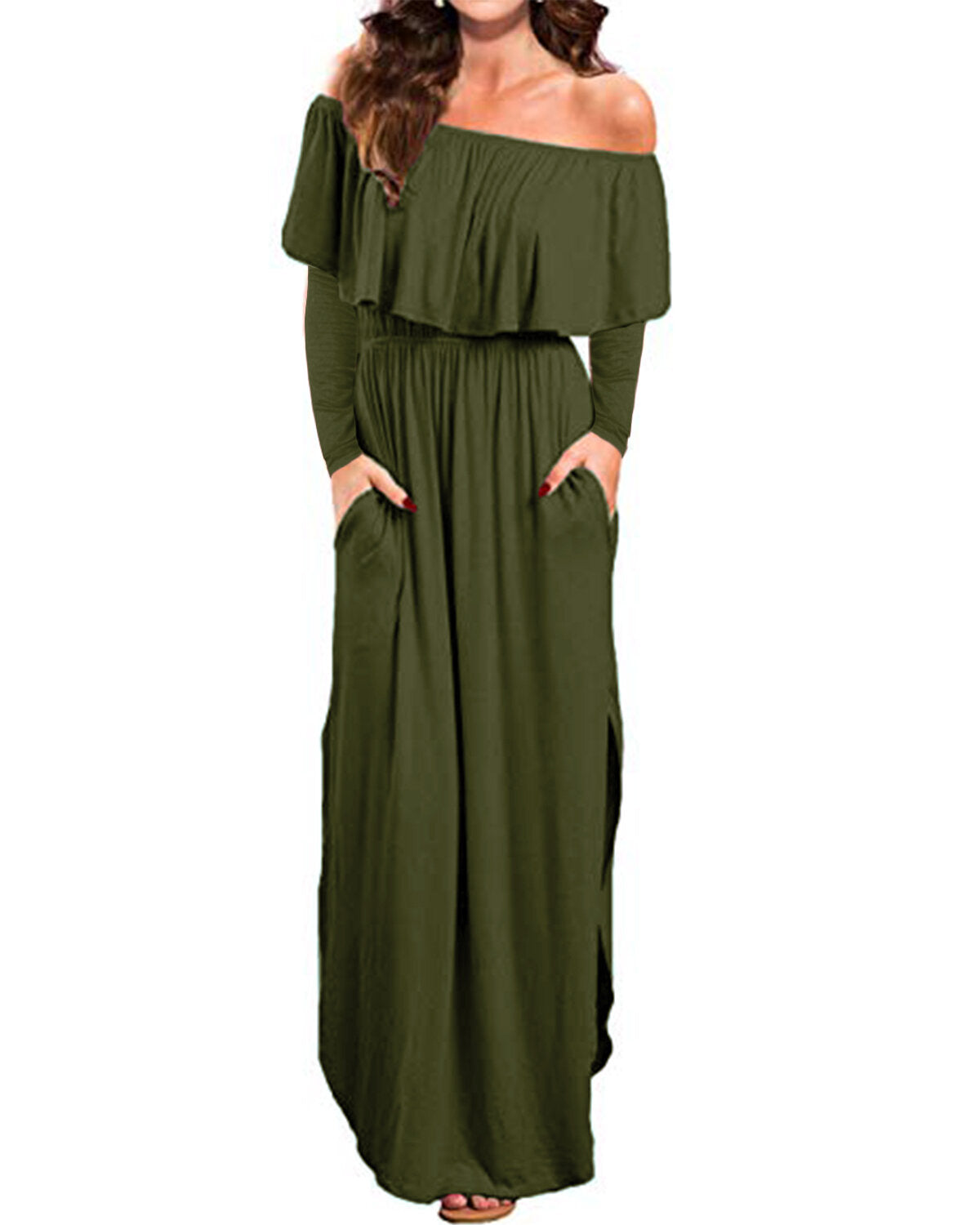 Women Off Shoulder Long Sleeve Side Split Beach Maxi Dress With Pockets