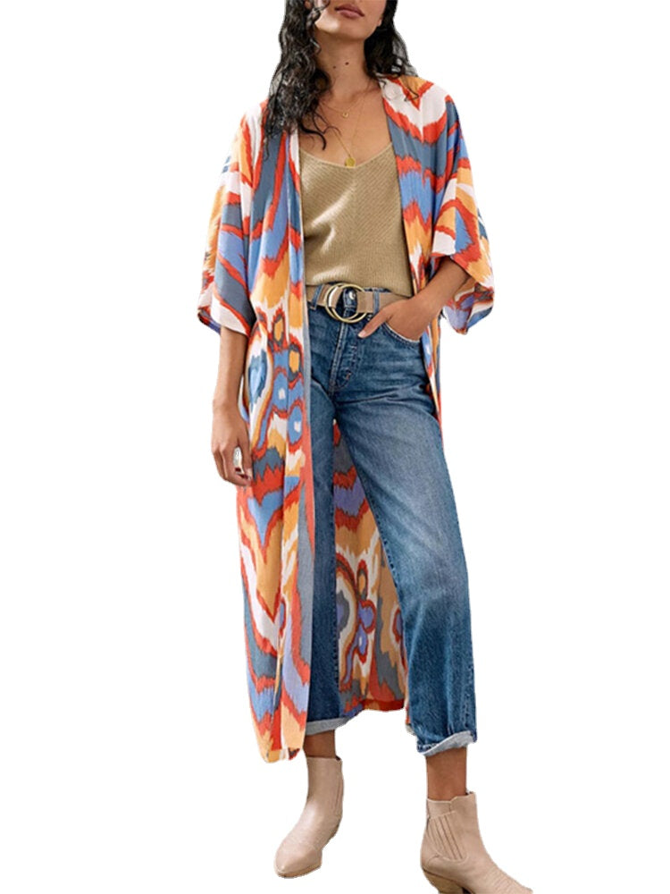 Printing Open Front 3/4 Sleeve Loose Cardigan For Women