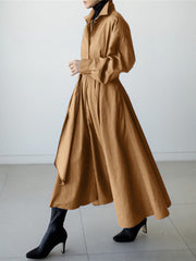 Women Solid Puff Sleeve Pleats Long Sleeve Loose Maxi Dresses