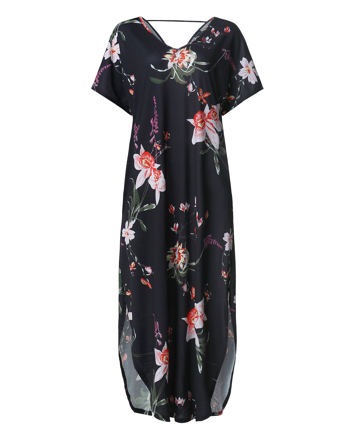Women Summer Floral Print V Neck Short Sleeves Casual Loose Long Maxi Dress