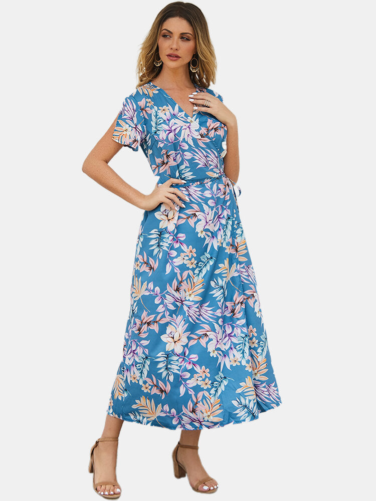 Short Sleeve V-neck High Low Hem Summer Beach Maxi Dress