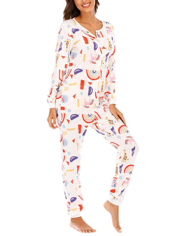 Plus Size Women Cute Cartoon Print Long Sleeve Round Neck Onepiece Home Casual Pajamas Rompers