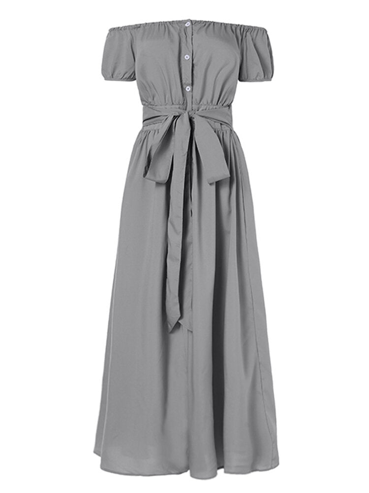 Women Off Shoulder Button Pleated Split Hem Long Maxi Dress