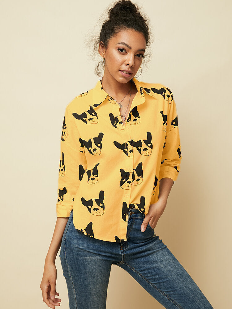 Cartoon Dog Animal Print Button Down Long Sleeve Irregular Hem Casual Blouse For Women