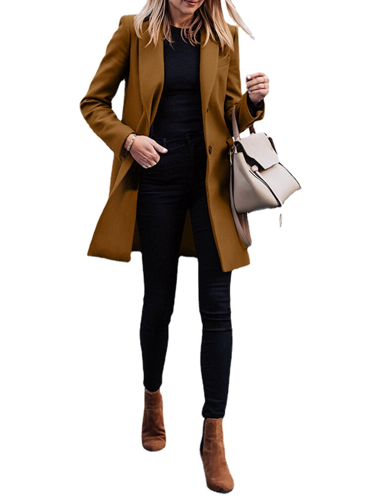 Solid Button Long Sleeve Lapel Coat For Women