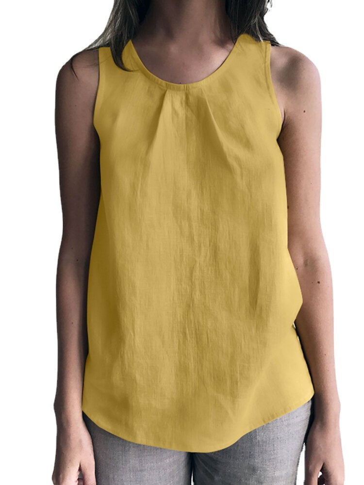 Cotton Solid Ruched Sleeveless Casual Tank Top