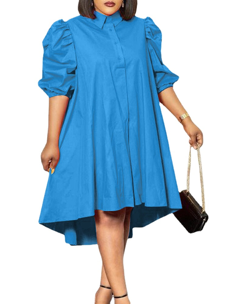 Lapel Solid Leisure Casual Puff Sleeve Dress For Women