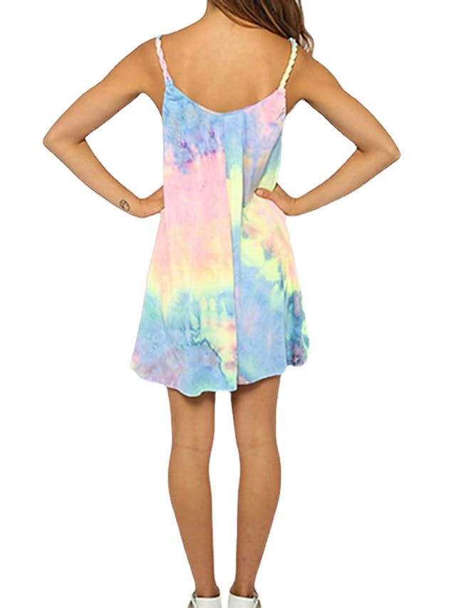 Women's Rainbow Sleeveless Tie Dye Backless Spaghetti Strap Stylish Dress