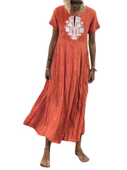 Women Cotton Simple Tribal Print Short Sleeve Bohemia Maxi Dresses