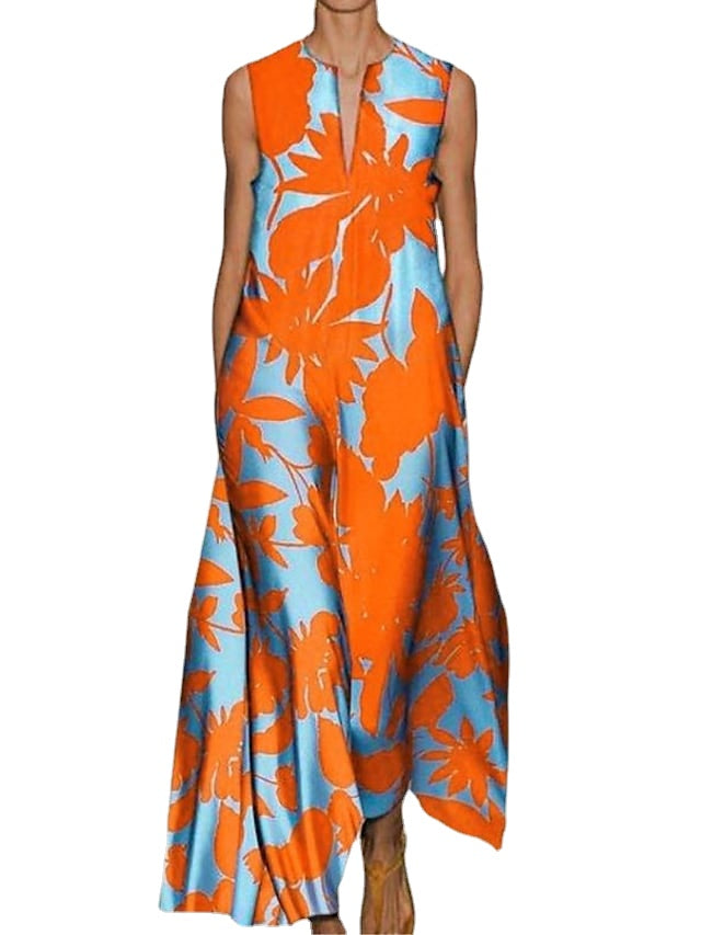 Women's Long Dress Maxi Dress Casual Dress Summer Dress Print Dress Leaf Fashion Streetwear Outdoor Daily Weekend Pocket Print Sleeveless V Neck Dress Regular Fit Blue Fuchsia Orange Spring Summer