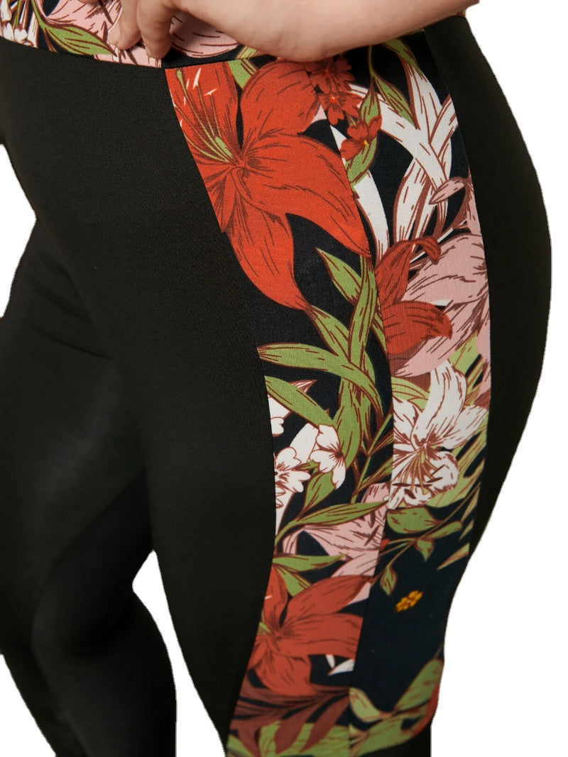 Plus Size Floral Print Patchwork Leggings