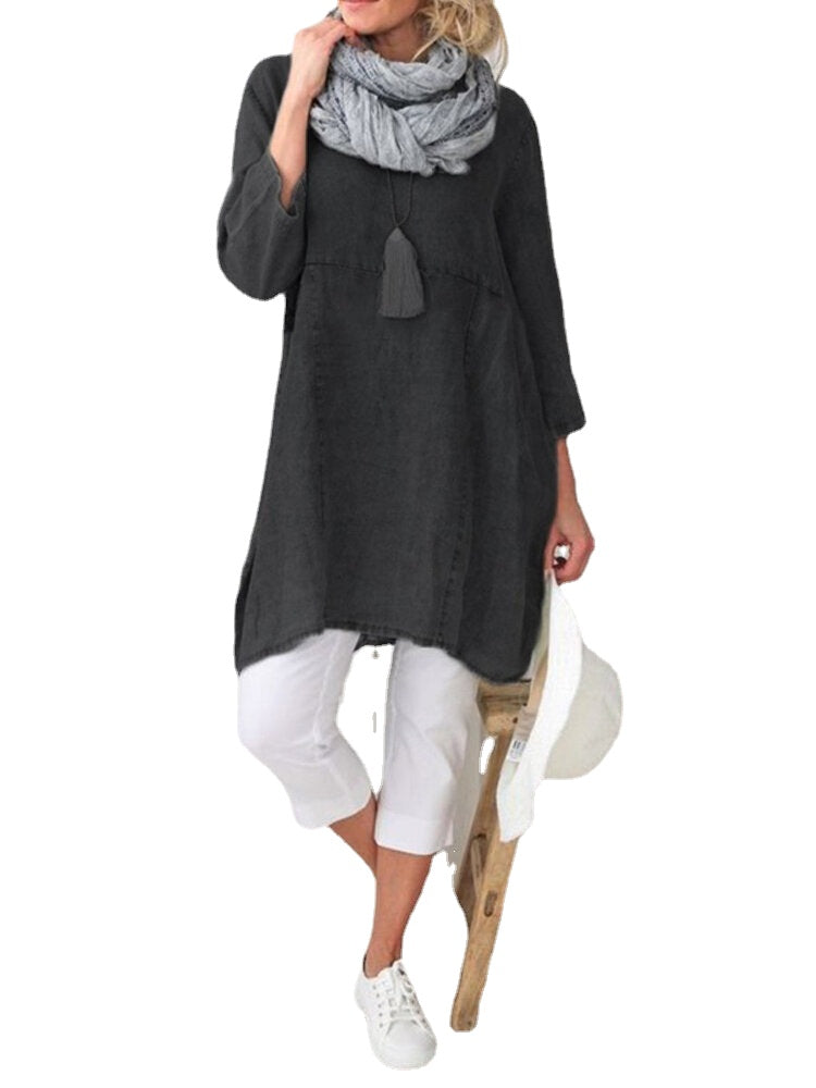 Solid Long Sleeve Round Neck Casual Cotton Maxi Dress