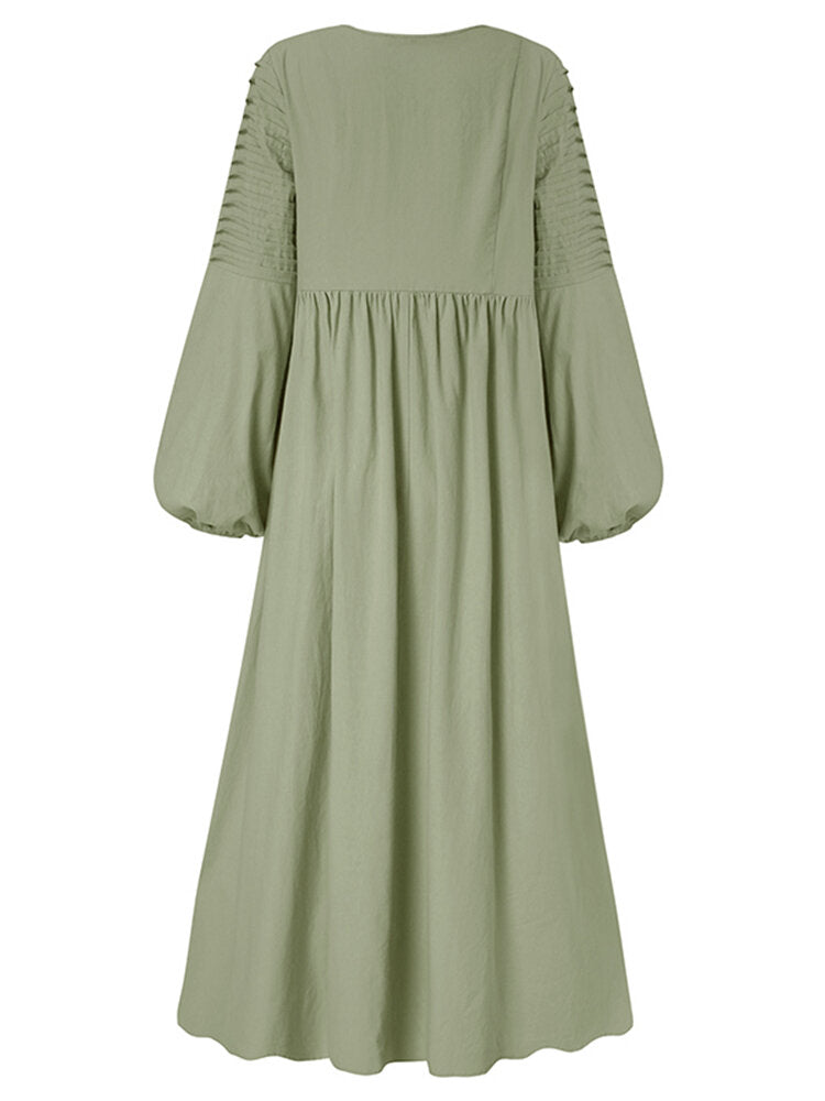 Women Cotton Puff Sleeve Pleated Round Neck Solid Color Swing Maxi Dress