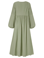 Women Cotton Puff Sleeve Pleated Round Neck Solid Color Swing Maxi Dress