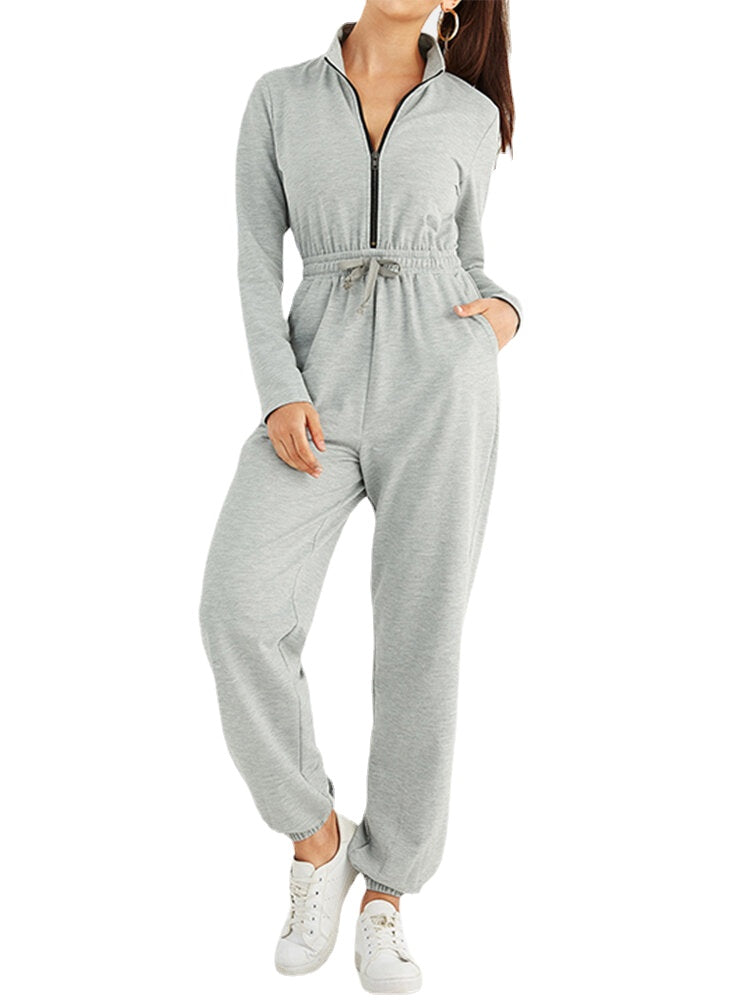 Women Solid Color Zipper Drawstring Pocket Long Sleeve Sports Casual Jumpsuit