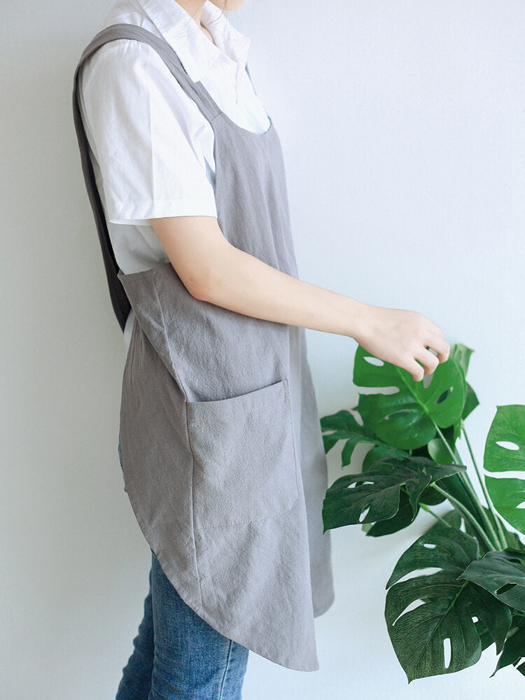 Japanese Sleeveless Back Cross Vintage Apron Dress With Pocket