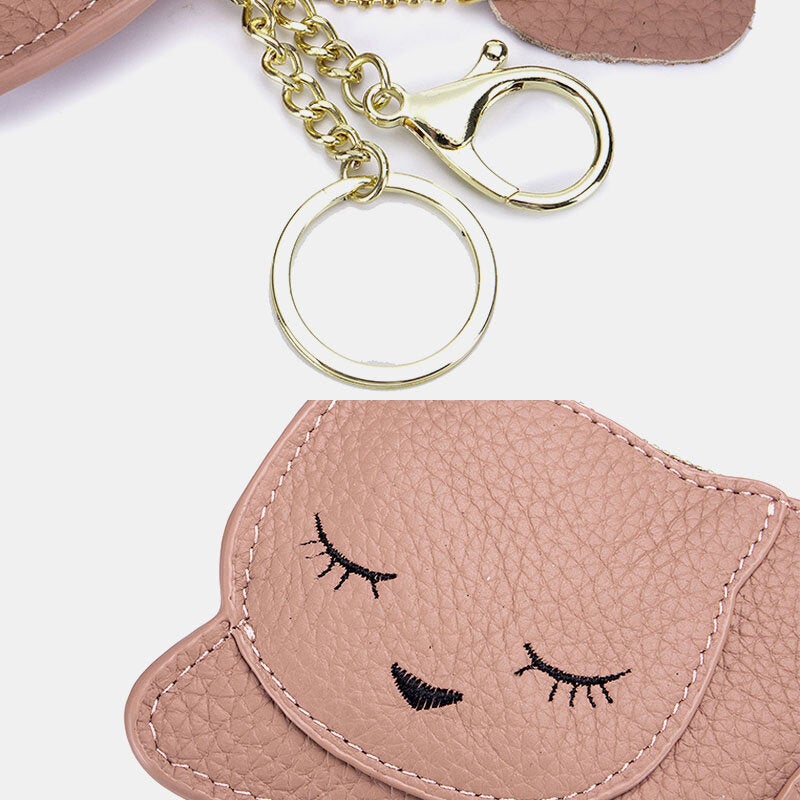 Women Genuine Leather Casual Cute Animal Nap Cat Pattern Mini Keychain Coin Storage Bag