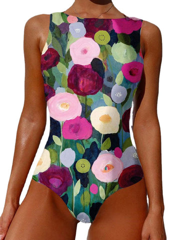 Floral Abstract Print Backless Slimming Swimsuit