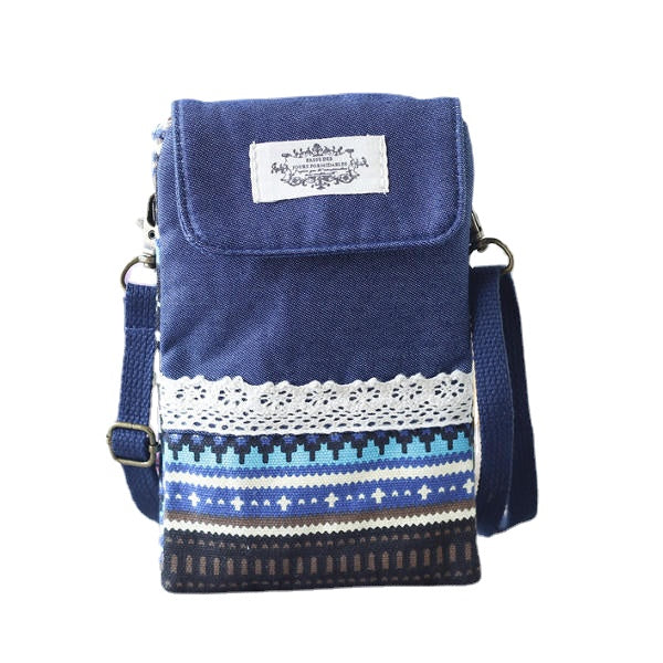 Women Denim Three Interlayers Flower Printing Mini Shoulder Bags Lace Crossbody 6.0'' Phone Bag